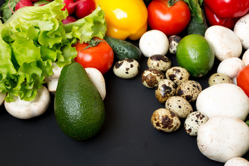 Groceries on dark background, side view. Close-up.