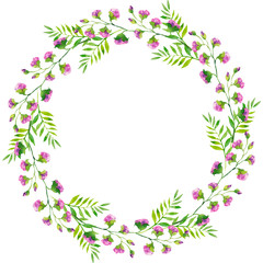 Fototapeta na wymiar Bright delicate wreath of branches of violet flowers and green leaves, watercolor illustration.