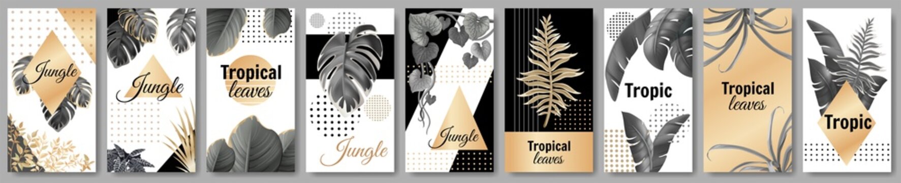 Set template banners dark and gold leaves of tropical exotic plants. Flyers jungle with palm trees and lianas. Vector 3d illustration with space for text.