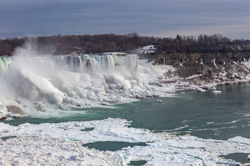 Niagara Falls CANADA - February 23, 2019: Winter frozen view at the American side of beautiful...