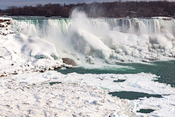 Niagara Falls CANADA - February 23, 2019: Winter frozen view at the American side of beautiful...