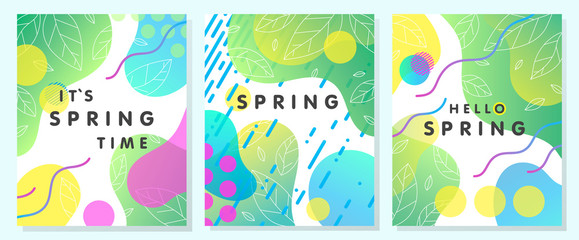 Set of unique spring cards with bright gradient backgrounds,tiny leaves,fluid shapes and geometric elements in memphis style.Abstract layouts perfect for prints,flyers,banners,invitations,covers.