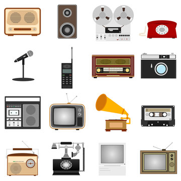 Retro equipment. Set of old electronic equipment. Vector illustration of retro technology.
