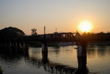 Sunset over the bridge on the River Kwai.