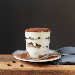 Italian dessert tiramisu closeup on wooden table, mint