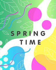 Unique spring card with bright gradient background,tiny leaves,fluid shapes and geometric elements in memphis style.Bright abstract layout perfect for prints,flyers,banners,invitations,covers and more