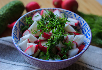 fresh salad with radishes cucumbers and Dill closeup, food