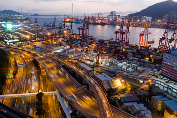Top view of Hong Kong Kwai Tsing Container Terminals at night