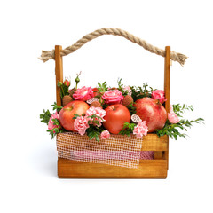 Unique gift wooden box with flowers and fruits isolated on white background. Front view