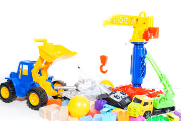 Toy tools and cubes on a light background. Toy for children