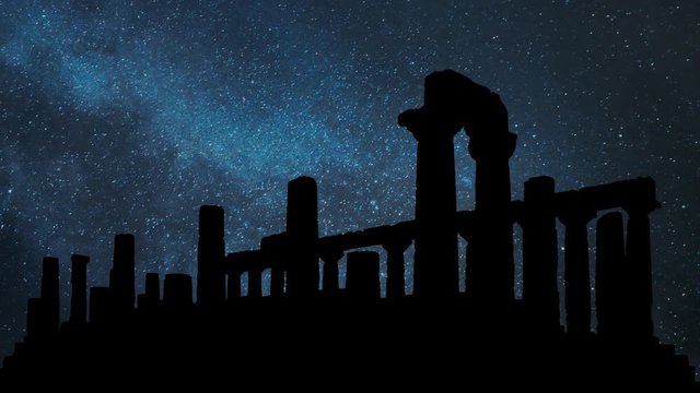Valley of the Temples or Valle dei Templi By Night with Stars, archaeological site in Agrigento, one of the most outstanding examples of Greater Greece art and architecture, Sicily, Italy