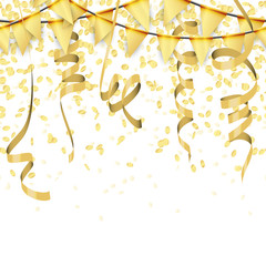 seamless golden colored confetti, streamers and garlands background