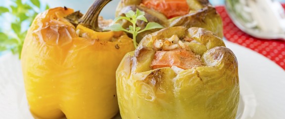 Traditional delicious Turkish foods; stuffed peppers (biber dolmasi)