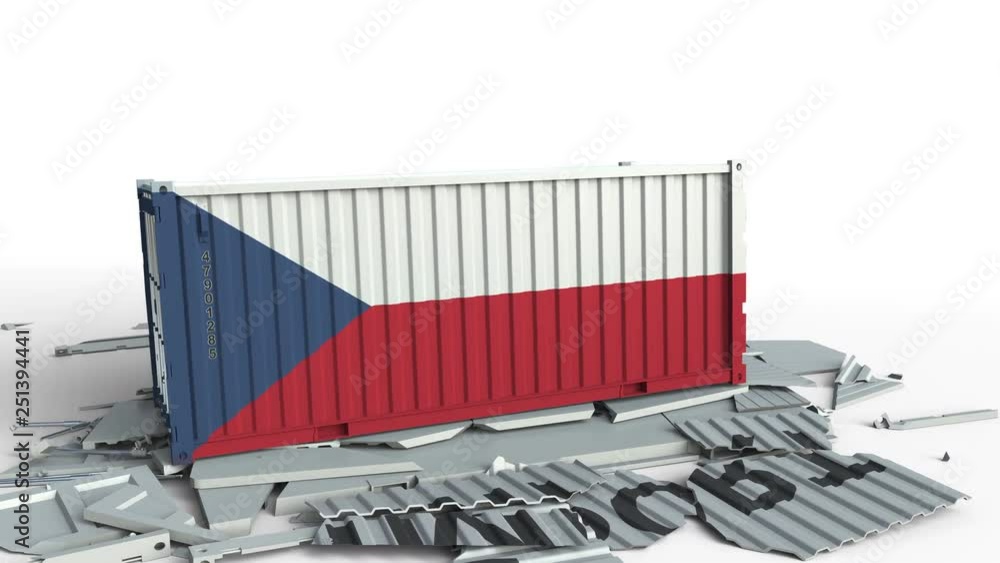 Poster container with flag of the czech republic breaking container with import text. conceptual 3d animati