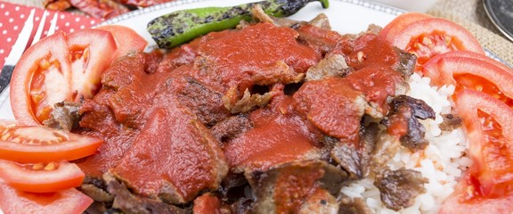 Traditional delicious Turkish foods; doner kebab Iskender kebab