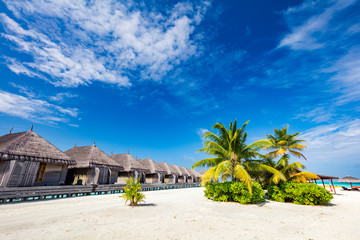 Tropical straw cabins on the tropical beach.
