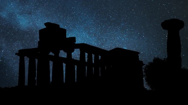 Valley of the Temples or Valle dei Templi By Night with Stars, archaeological site in Agrigento, one of the most outstanding examples of Greater Greece art and architecture, Sicily, Italy