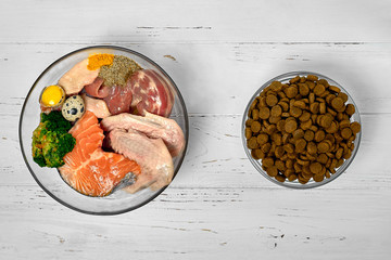 Natural raw dog food BARF diet as opposite of kibble dry food Concept Closeup