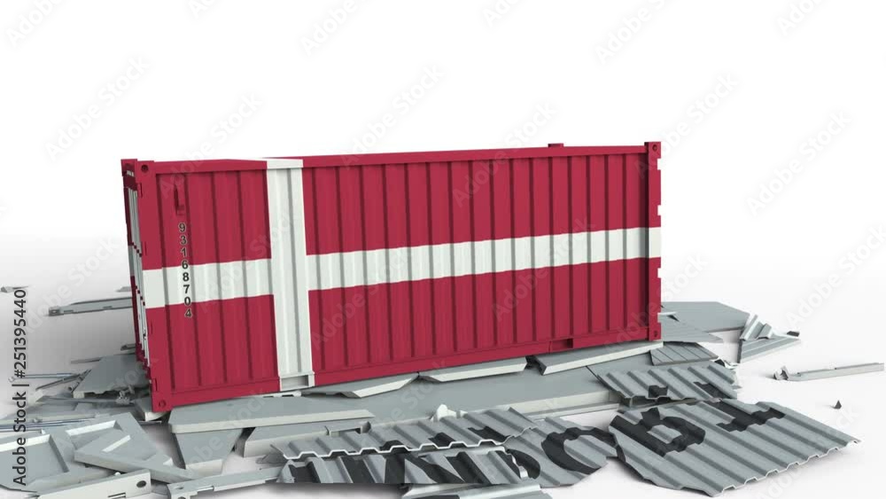 Poster container with import text being crashed with container with flag of denmark, conceptual 3d animatio