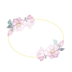 Watercolor flowers and leaves wreath. Gold frame illustration. ellipse and bow clip art branch for celebration, widding, invite card white background Vintage style