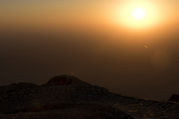 Beautiful sunset on the top of Jabel Hafeet mountain, Al Ain city, UAE. Asia.