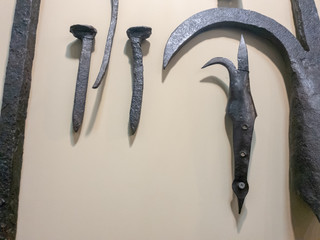 Vintage metal black items. Ancient objects close up.