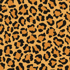 Leopard animal print vector seamless pattern background in black, brown and orange colors for fashion and textile, home decor, wrapping paper, scrapbooking and other projects.