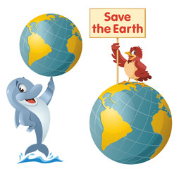 Save the Earth illustration with cartoon dolphin and sparrow.