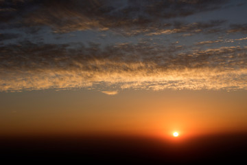 Beautiful sunset on the top of Jabel Hafeet mountain, Al Ain city, UAE. Asia.