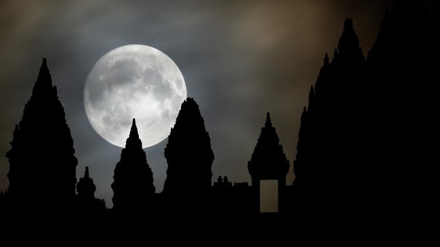 Prambanan or Rara Jonggrang by Night with Full Moon, Hindu Temple on Yogyakarta, Java Island, Indonesia, UNESCO heritage site