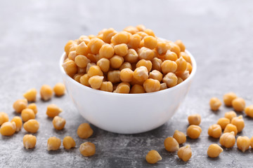 Roasted chickpeas in white bowl on grey wooden table