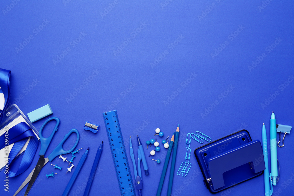 Sticker school supplies on blue background. minimalism concept