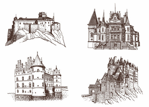 Graphical vintage set of sightseeing , famous castles of the world,vector sketch	
