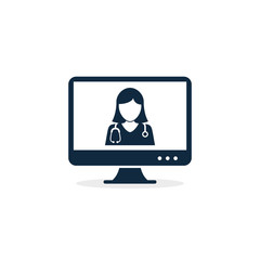 Online doctor in computer screen icon, vector illustration. Medical online consultation