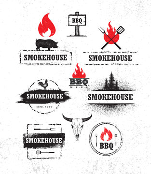 Smokehouse Barbecue Meat On Fire Menu Artisanal Vector Design Element. Outdoor Meal Creative Rough Sign