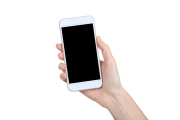 Female hand holding smartphone on white background
