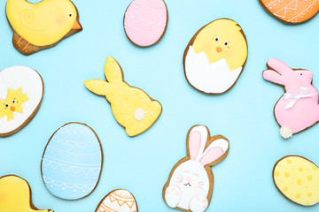 Easter gingerbread cookies on blue background