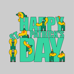 Happy St. Patricks Day Letter sign and Leprechaun. Irish holiday. Dwarf in green hat