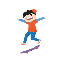 Fototapeta premium Happy smiling boy skateboarding fast and doing trick at the same time isolated on white background