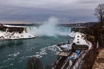 Fototapeta na wymiar Niagara Falls CANADA - February 23, 2019: Winter frozen idyll at Horseshoe Falls, the Canadian side of Niagara Falls, view showing as well as the upper Niagara River