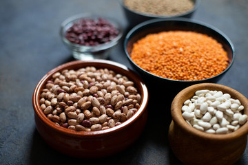 Assortment of legumes: beans and lentils. Raw healthy food. Vegetable protein. Dark background. Close up. Space for text
