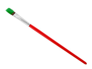 Brush with color paint on white background, top view