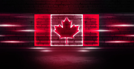 Canada neon flag on old brick wall background. Neon multicolored light smoke.