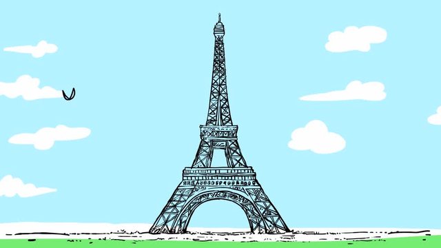 Sketch animation of Eiffel Tower Paris with bird on sky background, france