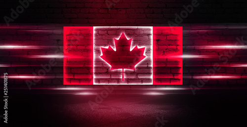 Canada neon flag on old brick wall background. Neon multicolored light smoke.