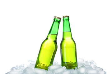 Bottles of beer on ice cubes against white background