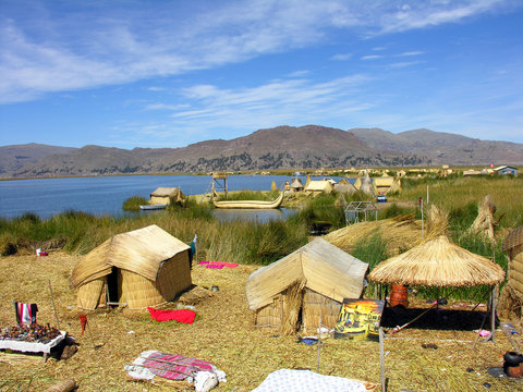 swimming Uros islands on Lake Titicaca in Peru near Puno