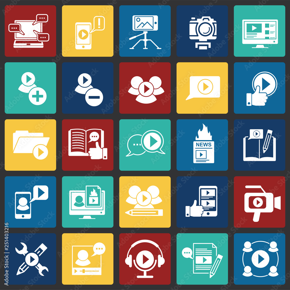 Poster video blog icons set on color squares background for graphic and web design, modern simple vector si