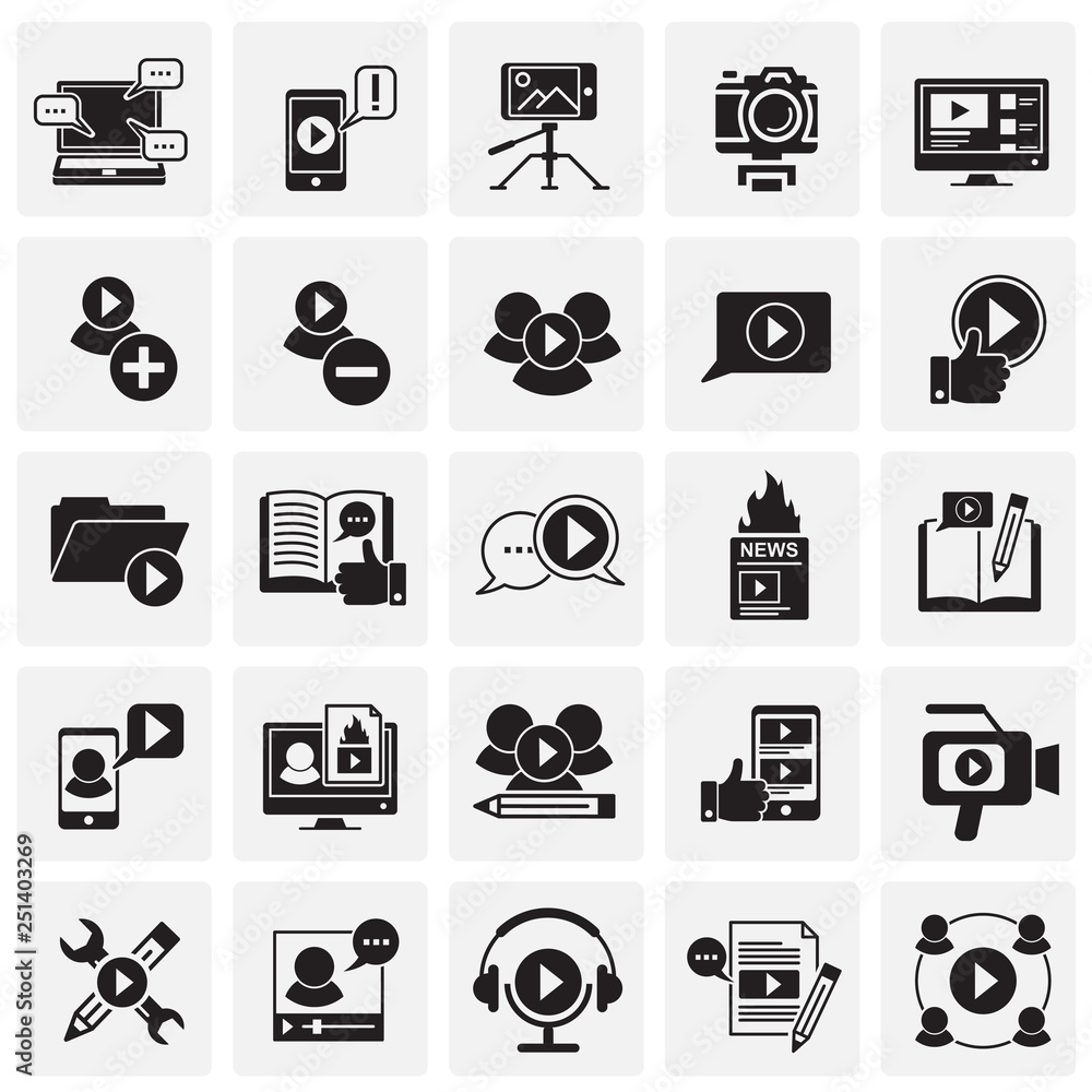 Poster video blog icons set on squares background for graphic and web design, modern simple vector sign. in