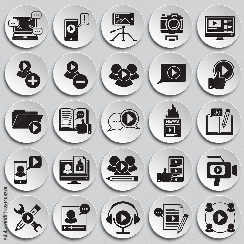 Poster video blog icons set on plates background for graphic and web design, modern simple vector sign. int